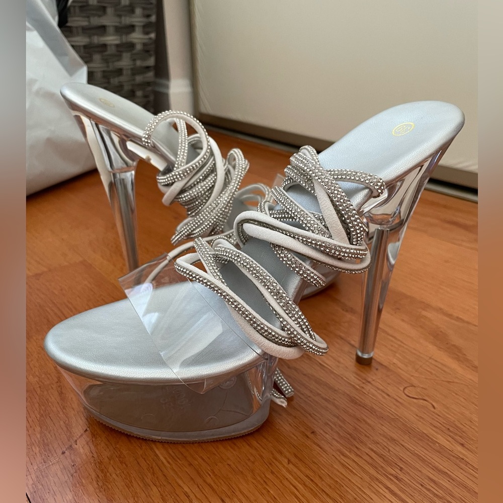 Silver Rhinestone Decor Clear Strap Platform Stil… - image 2